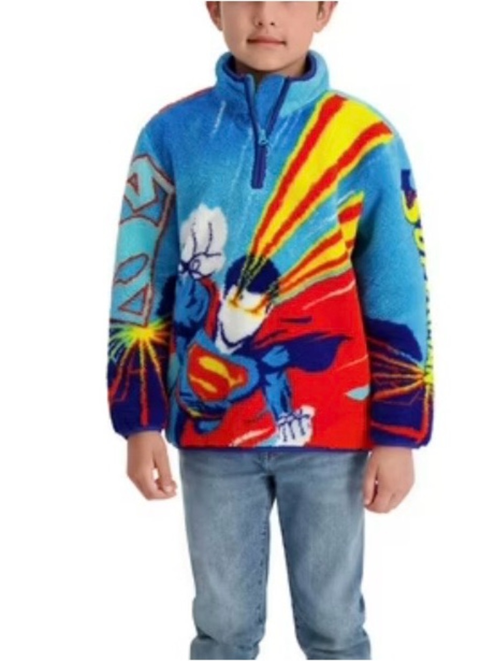 DC Comics Superman Multi Boys Sherpa Quarter Zip Fleece Pullover Sz L 10/12 NEW